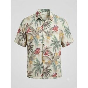 Moda Campia Moda Mens Large Rayon‎ Tropical Palm Tree Hawaiian Shirt Cream L